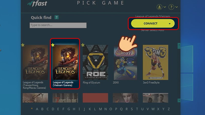 Chọn vào game Liên Minh Huyền Thoại bản Việt Nam, chọn Connect