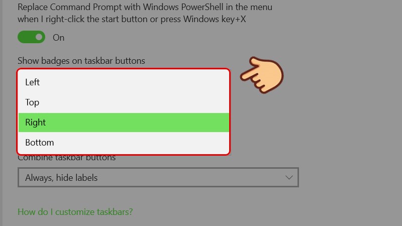 Để chỉnh vị trí thanh Taskbar, tại phần TaskBar location on screen nhấn mũi tên xổ xuống để hiển thị danh sách các vị trí