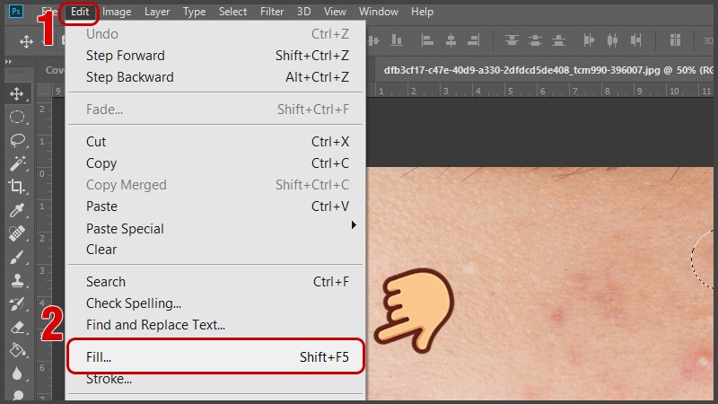 Trên thanh menu chọn Edit > Fill… (phím tắt Shift + F5)