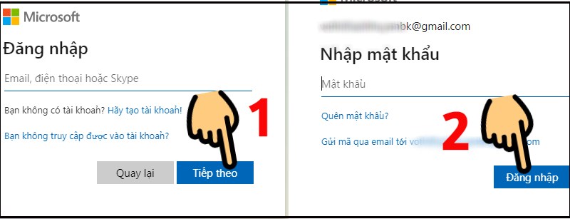 Nhập email/số điện thoại/Skype, nhấn Tiếp theo v&agrave; nhập mật khẩu, nhấn Đăng nhập