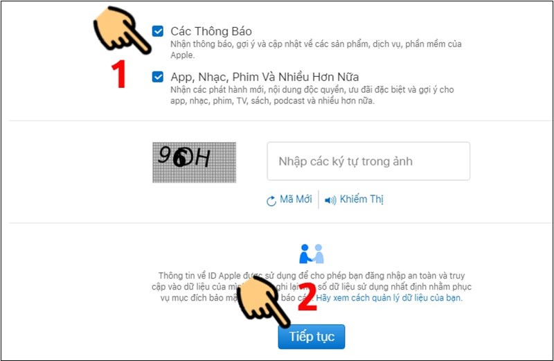 Tick vào khung Các Thông Báo..., nhập mã Capcha và chọn Tiếp tục