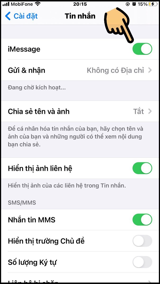 Trượt thanh gạt sang phải tại mục iMessage