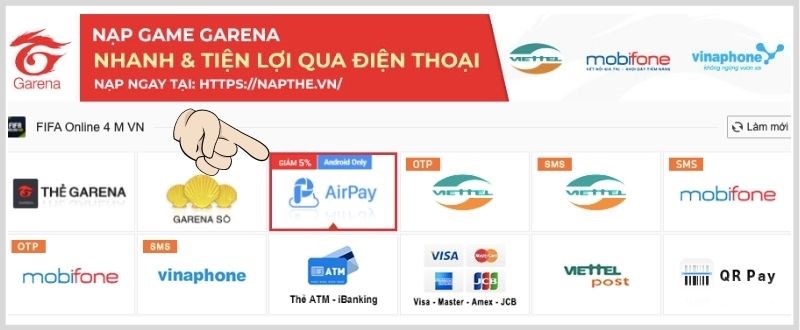 Chọn hình thức thanh toán Airpay