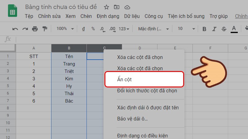 Nhấp chuột phải và chọn Ẩn cột hoặc Ẩn hàng