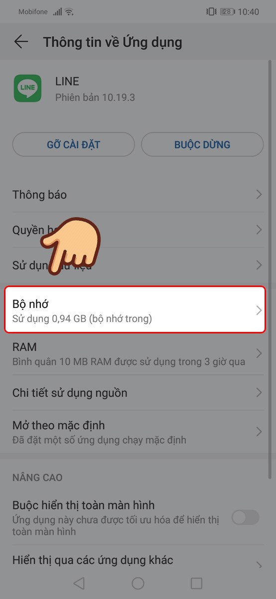 Vào mục Bộ nhớ