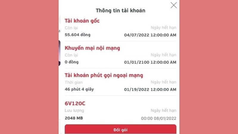 Th&ocirc;ng tin của g&oacute;i cước