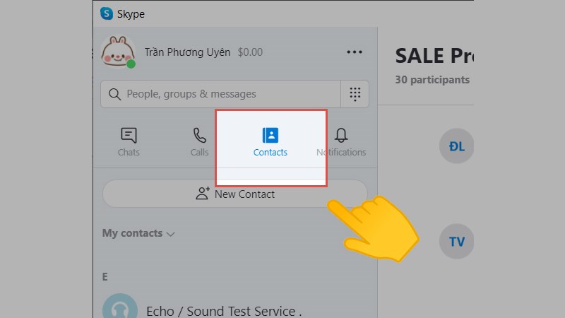 Vào Danh bạ (Contacts) trong ứng dụng Skype