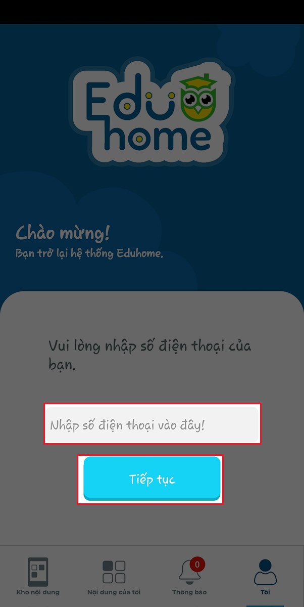 Nhập số điện thoại của bạn v&agrave;o > Chọn Tiếp tục