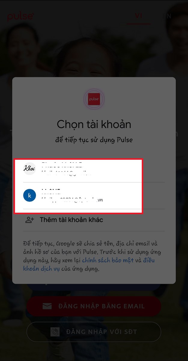Chọn tài khoản Google mà bạn muốn liên kết
