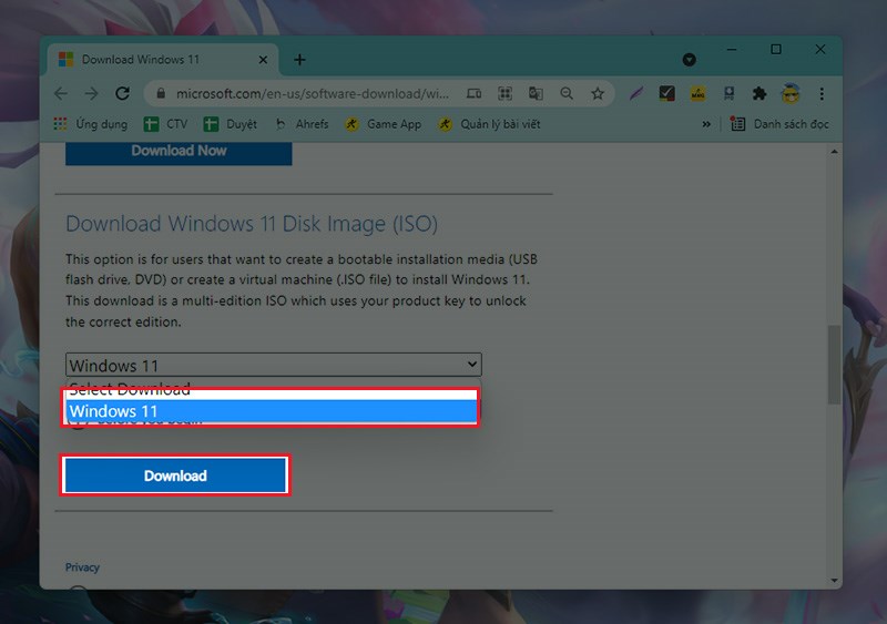 chọn Windows 11 > Chọn Download