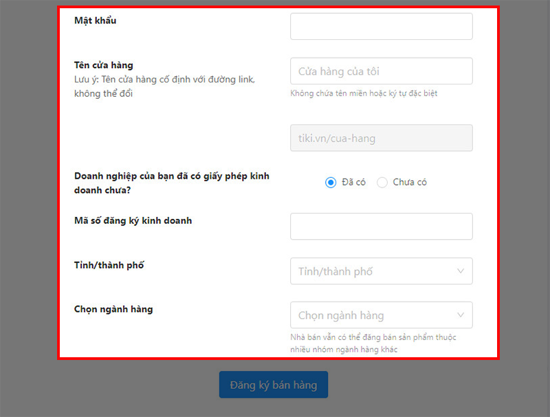 Điền đầy đủ các thông tin: Họ và tên, số điện thoại, email chủ cửa hàng, mật khẩu, tên cửa hàng,...