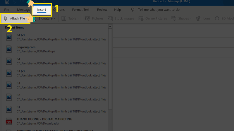 Chọn Insert và chọn Attach File