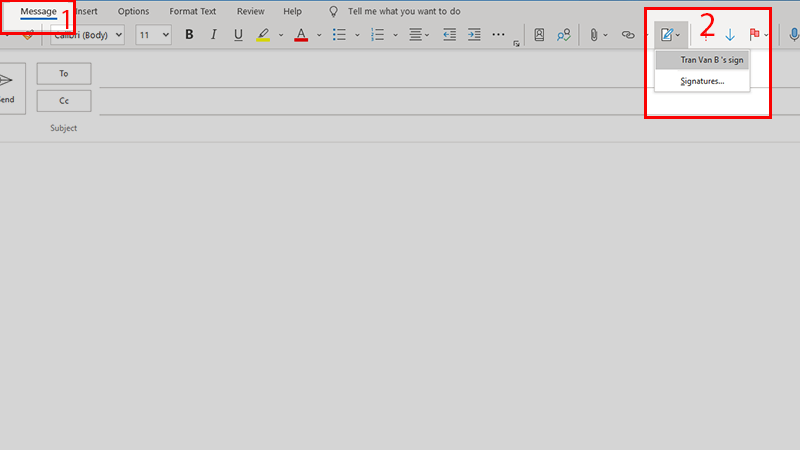 Ở menu thả xuống của Signature (Chữ ký), chọn chữ ký đã tạo muốn thêm vào thư mới