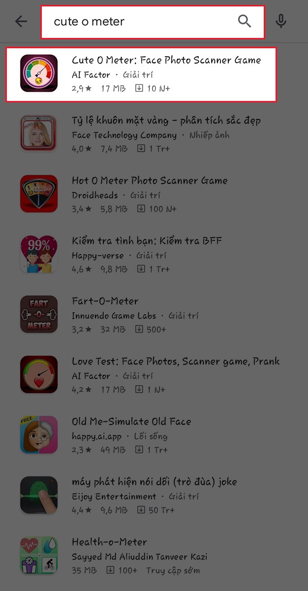 T&igrave;m ứng dụng c&oacute; t&ecirc;n Cute O Meter: Face Photo Scanner Game