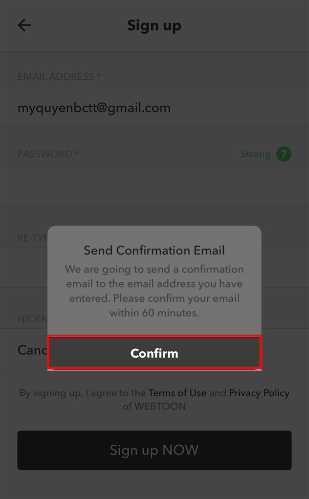 Chọn Confirm để ứng dụng gửi xác nhận đến email của bạn.