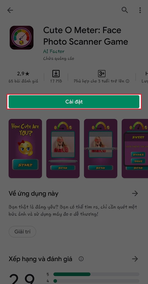 Chọn C&agrave;i đặt để tải app Cute O Meter về m&aacute;y