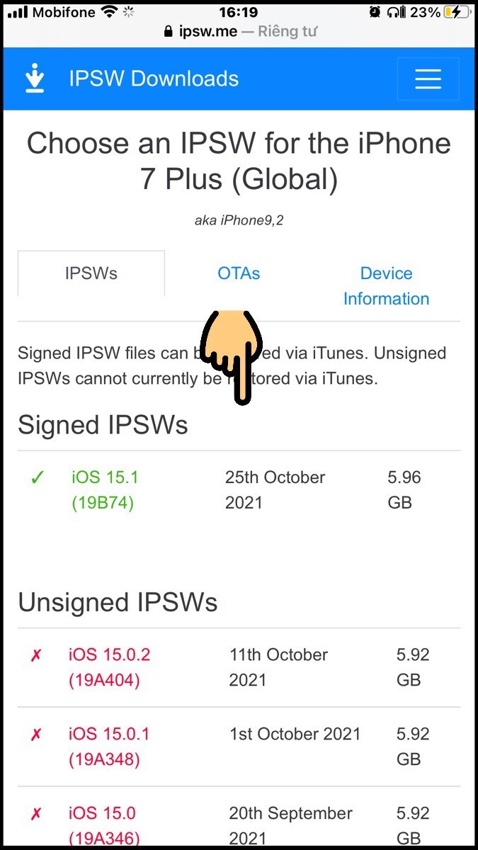 Xem danh sách Signed IPSWs và Unsigned IPSWs