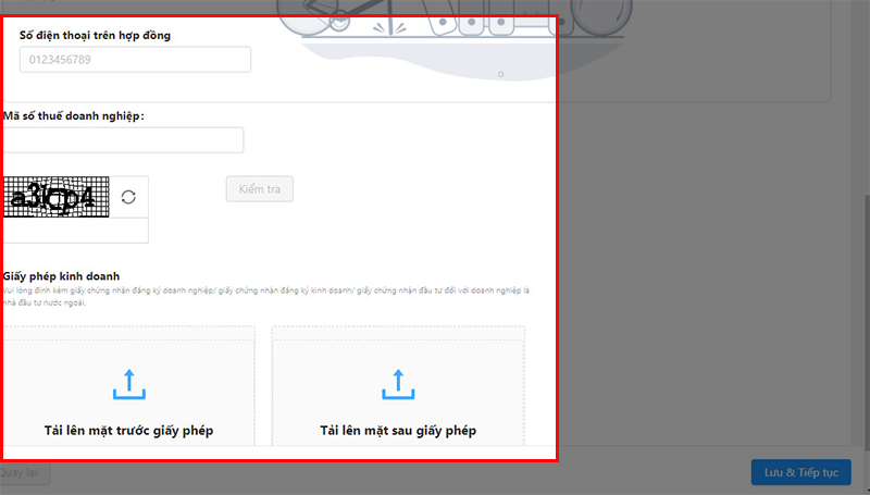 Tiếp theo, bạn sẽ cung cấp thông tin doanh nghiệp gồm: số điện thoại, email trên hợp đồng, giấy phép kinh doanh mặt trước và mặt sau, mã số thuế doanh nghiệp.