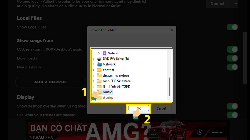 Chọn thư mục chứa bài hát mà bạn muốn tải lên và nhấn OK để hoàn thành