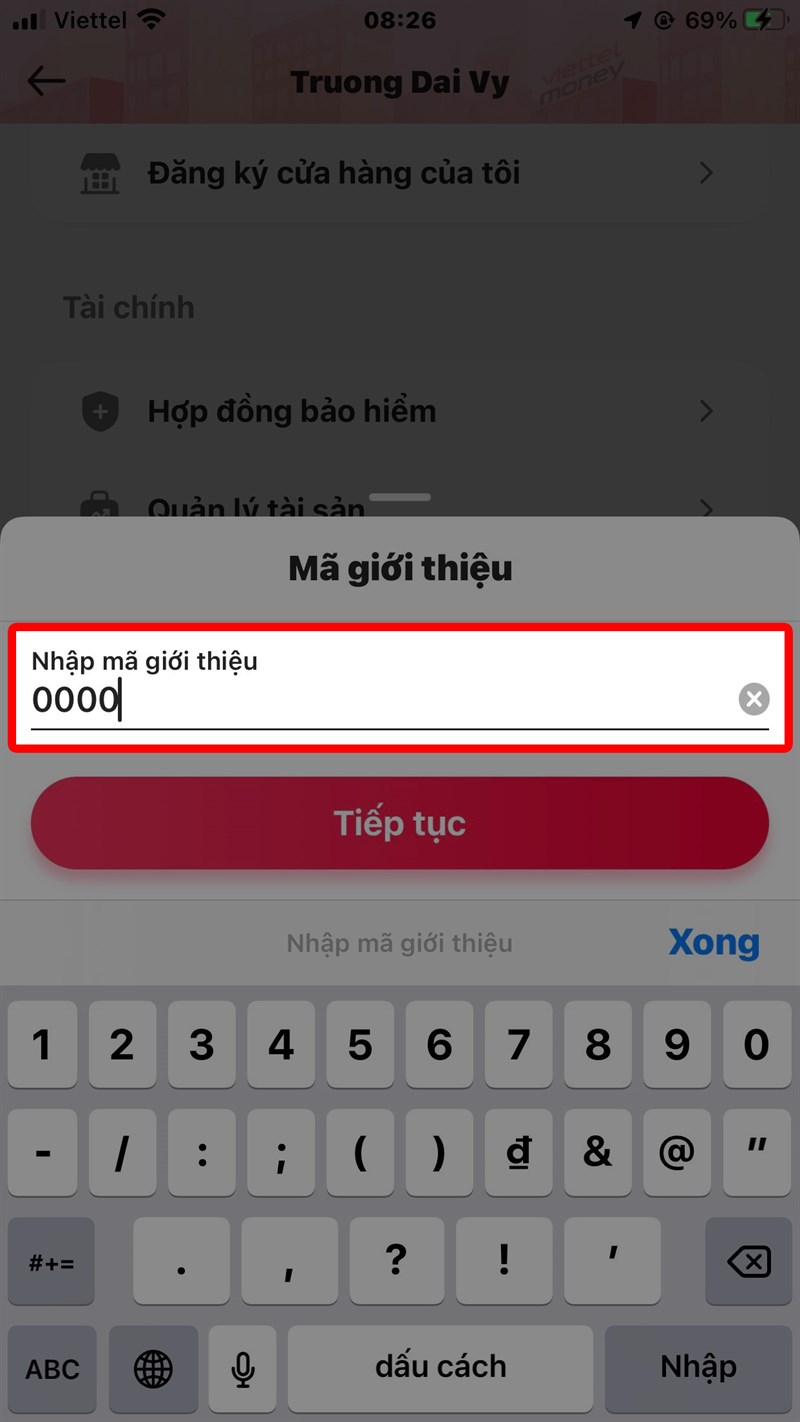Nhập m&atilde; giới thiệu Viettel Money bước 3
