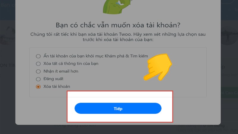 Hộp thoại hiện ra, bạn chọn Tiếp để tiếp tục x&oacute;a t&agrave;i khoản.