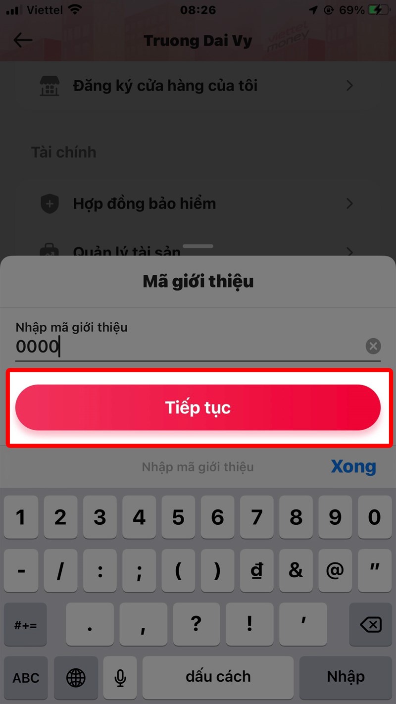 Nhập m&atilde; giới thiệu Viettel Money bước 4