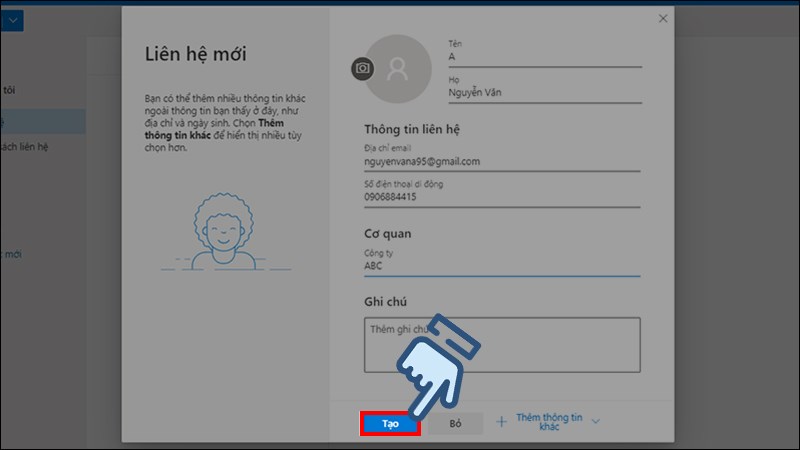 Chọn Tạo để lưu li&ecirc;n hệ