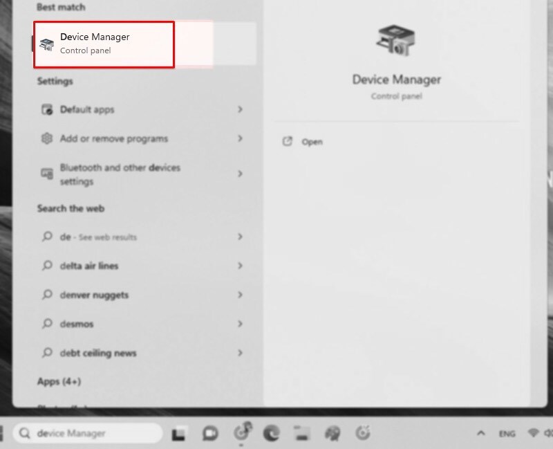 Vào Search, tìm và chọn Device Manager