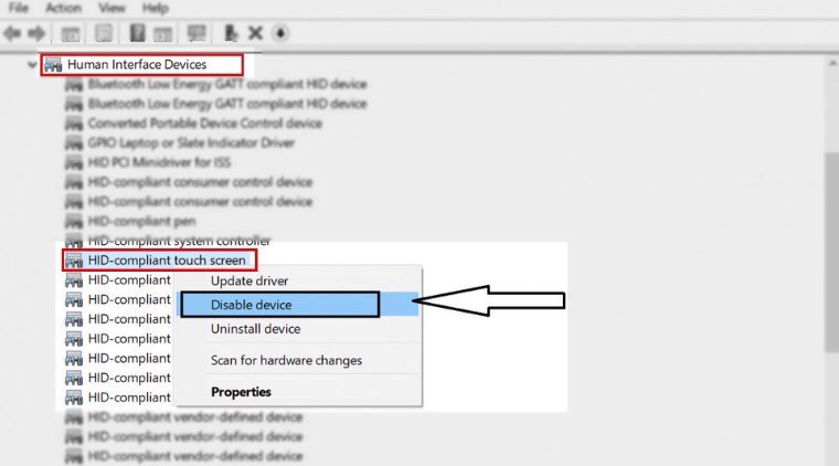 Click chuột phải vào HID-Compliant touch screen, chọn Disable device
