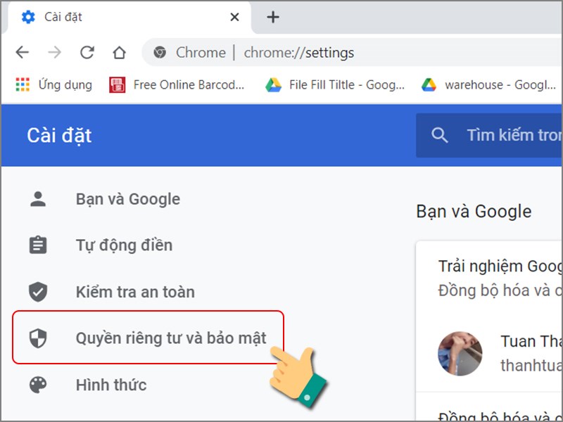 Chọn Quyền riêng tư và bảo mật