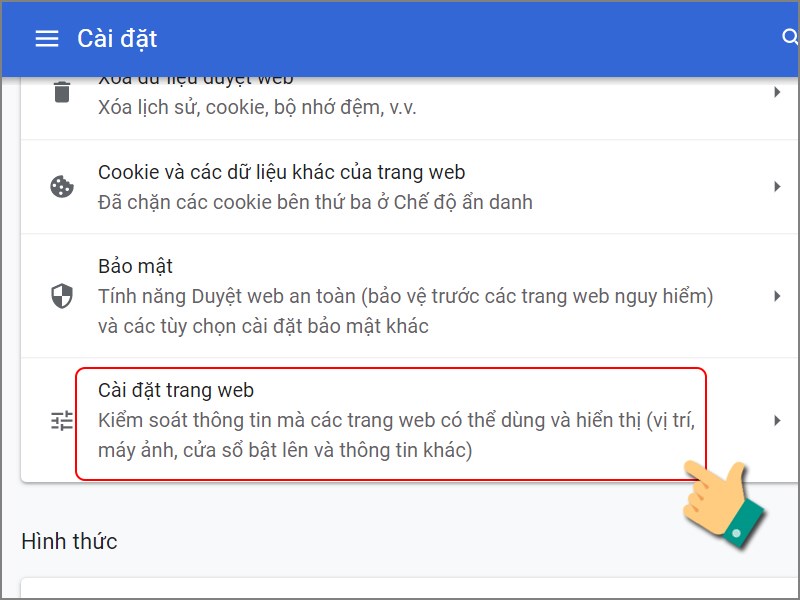 Chọn Cài đặt trang web