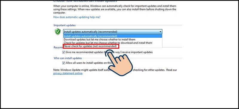 Cửa sổ Settings hiển thị, tại đây các bạn chọn Never check for updates (Not recommended) để tắt Windows Update nhé.