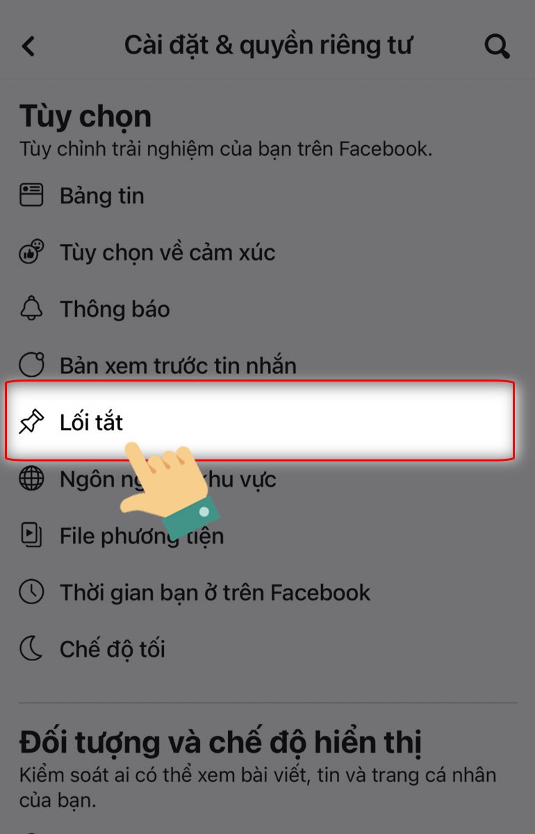 Nhấn vào mục Lối tắt