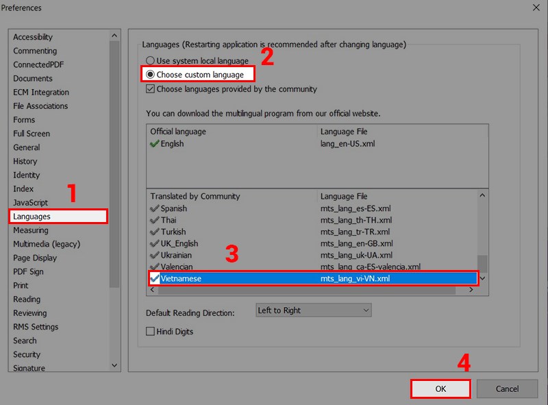 Chọn vào mục Languages, tick chọn vào Choose Custom Language và nhấn vào Vietnamese. Sau đó nhấn Ok.