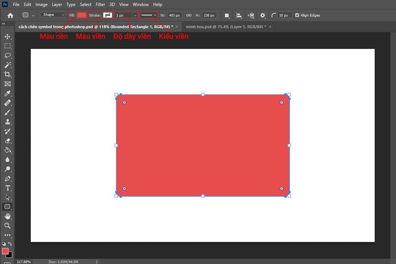 C&aacute;c th&ocirc;ng số được t&ugrave;y chỉnh giống như Rectangle Tool