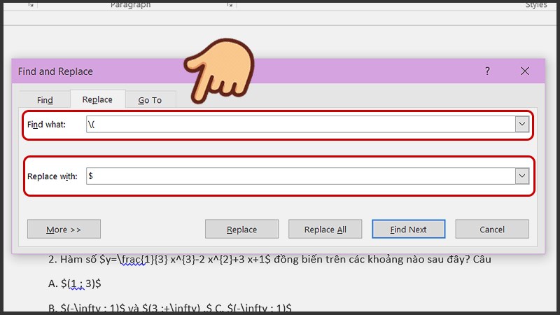 Mở tính năng Replace thay thế cụm ( và ) bằng ký tự $