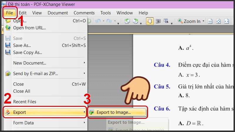 Chuyển file PDF sang ảnh bằng cách chọn File > Export > Export to image…