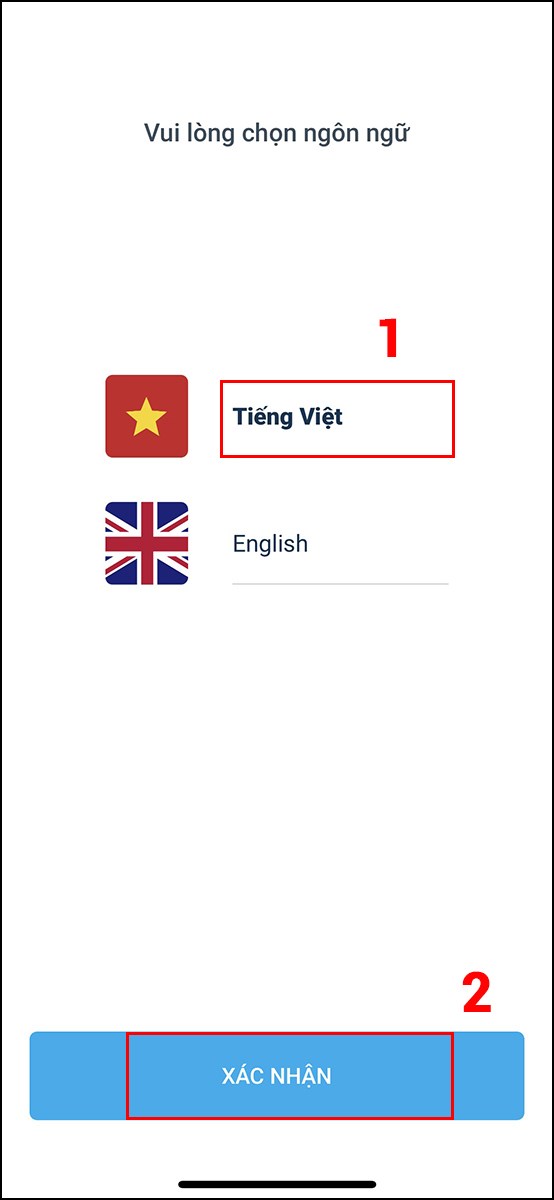 Vào ứng dụng Payoo, chọn Tiếng Việt và nhấn Xác nhận để chỉnh ngôn ngữ thành tiếng Việt