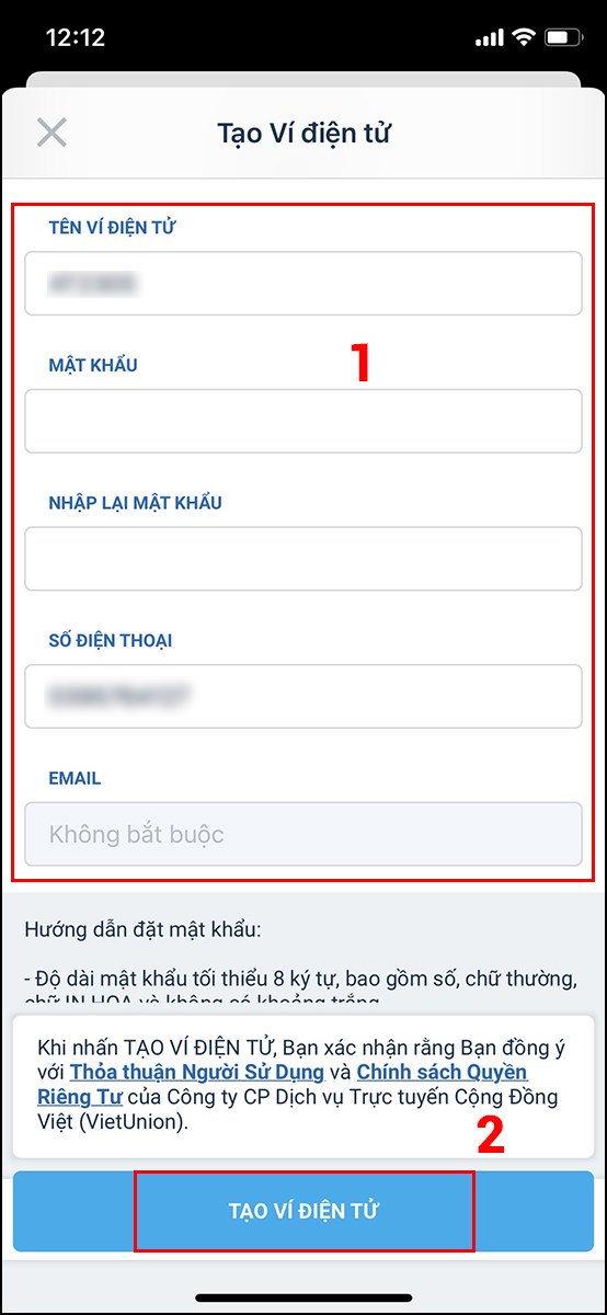 Điền đầy đủ các thông tin cần thiết và nhấn Tạo ví điện tử.