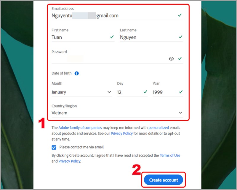Tạo tài khoản Adobe