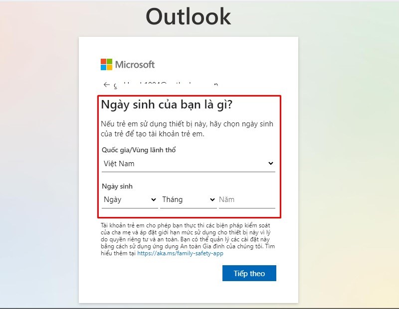 Cung cấp thông tin ngày sinh cá nhân và bấm tiếp theo.
