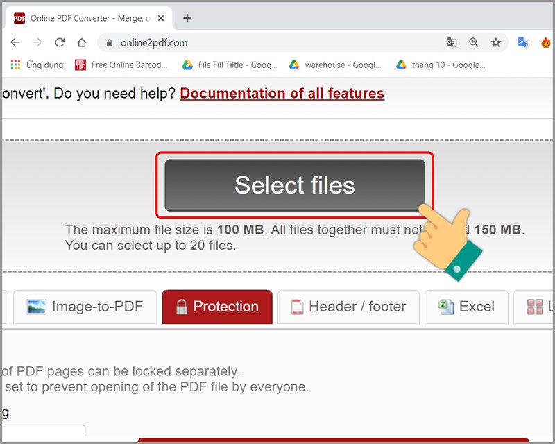 Nhấn Select files trên Online2pdf