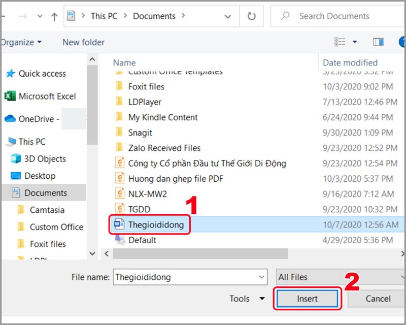 Chọn file định dạng Word, PowerPoint muốn chèn Chọn file định dạng Word, PowerPoint muốn chèn