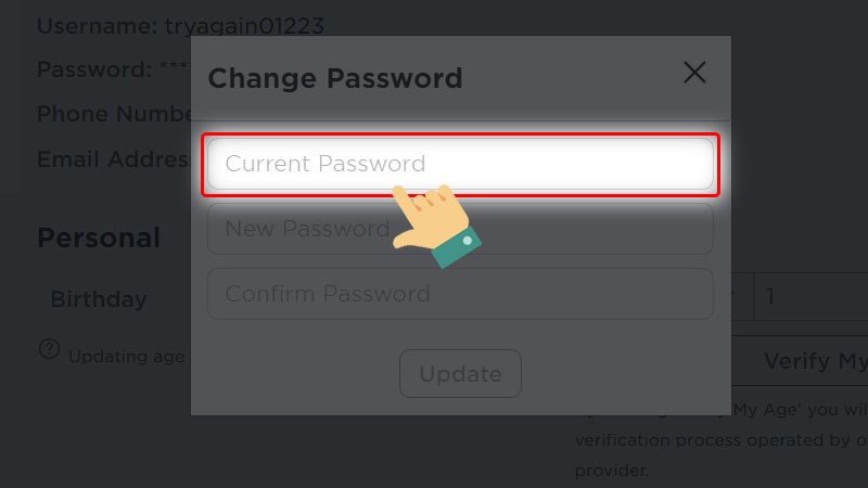 Nhập mật khẩu cũ vào mục Current Password