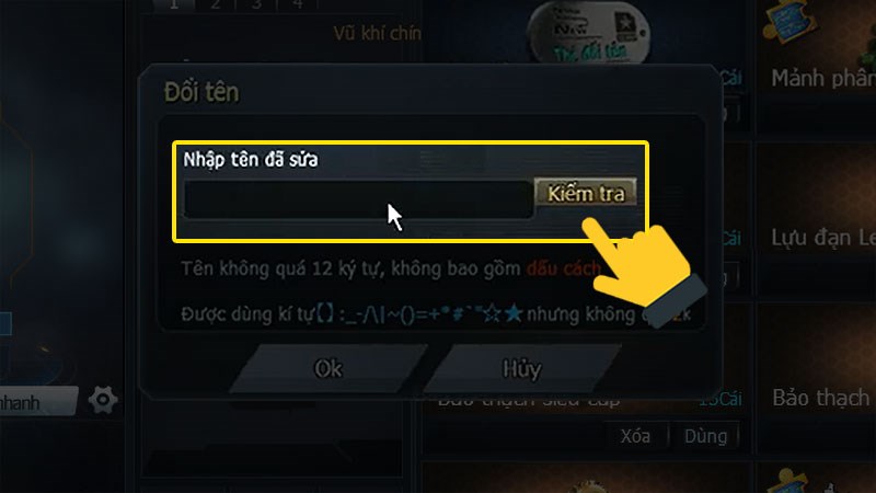 Nhập tên mới và Kiểm tra