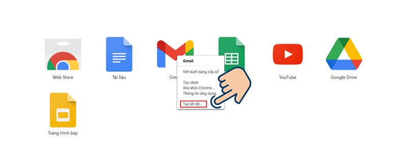 Chuột phải vào biểu tượng Gmail trên màn hình và chọn Tạo lối tắt