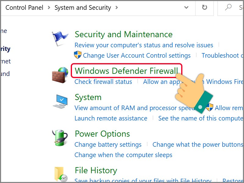 Chọn Windows Defender Firewall