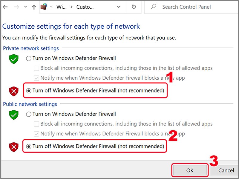 Tắt Windows Defender Firewall.