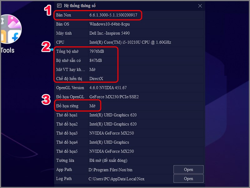 Th&ocirc;ng số giả lập NoxPlayer