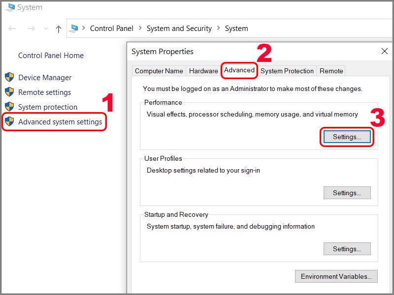 Nhấn v&agrave;o Settings trong mục Performance